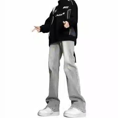 物质公式 美式高街复古做旧水洗基础款宽松百搭高腰透气休闲牛仔裤 男女同款 黑灰色