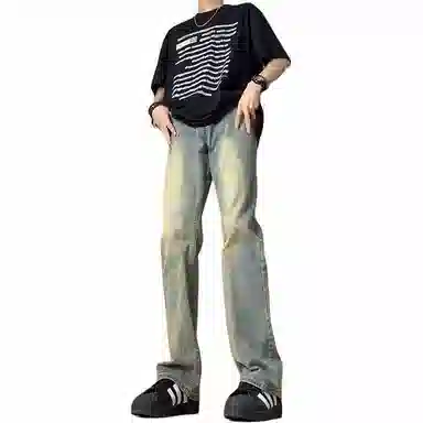 物质公式 美式潮牌高街风纯色基础款复古百搭做旧水洗弹力舒适亲肤透气显高长裤直筒废土风休闲宽松微喇垂坠感阔腿牛仔裤 男女同款