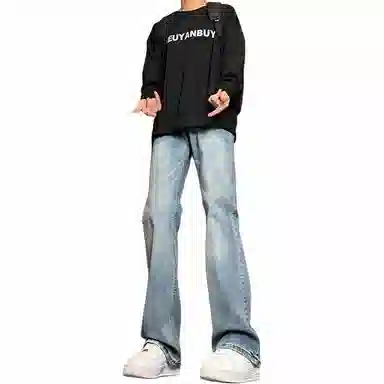 物质公式 美式潮牌高街风纯色基础款复古百搭做旧水洗弹力舒适亲肤透气显高长裤直筒废土风休闲宽松微喇垂坠感阔腿牛仔裤 男女同款