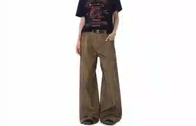 王者荣耀 标语款 美式复古水洗做旧脏脏裤大口袋金属夹标装饰宽松百搭舒适垂感休闲废土风潮牌牛仔裤 男女同款 棕色