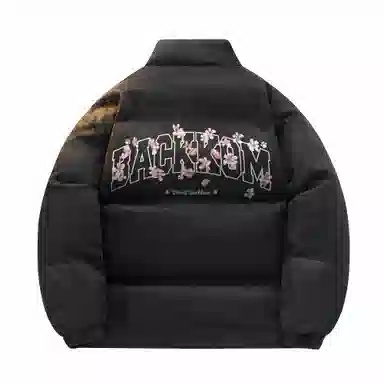 大卫贝肯 美式高街背面樱花花卉图案字母印花日常通勤百搭宽松休闲立领棉服 男女同款 黑色