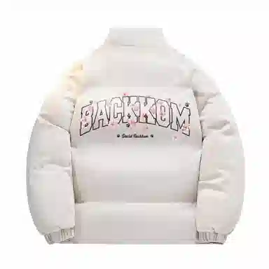 大卫贝肯 美式高街背面樱花花卉图案字母印花日常通勤百搭宽松休闲立领棉服 男女同款 黑色