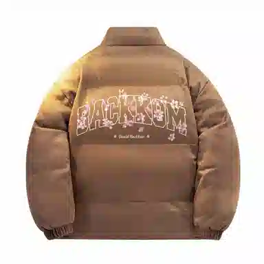 大卫贝肯 美式高街背面樱花花卉图案字母印花日常通勤百搭宽松休闲立领棉服 男女同款 黑色