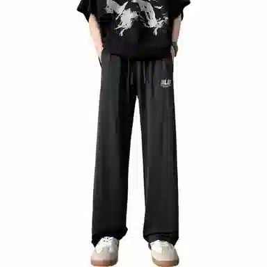 王者荣耀 鲁班七号星空梦想款 美式基础款冰丝宽松直筒透气通勤百搭户外运动系带松紧薄款拖地中腰休闲裤 男女同款 黑色