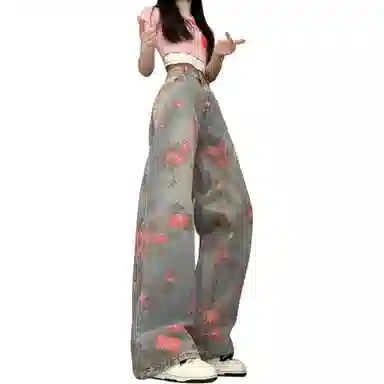 欧迪芬 美式复古扎染高街设计感满印花朵薄款休闲高腰牛仔裤 女款 蓝色