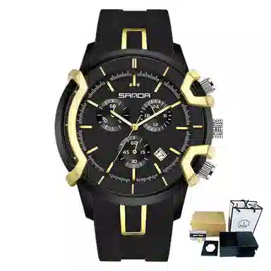 三达潮流酷炫个性百搭休闲学生 石英机芯 国表 男表 黑色表盘 夜光效果日历夜光防震防水