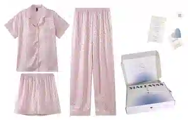 夏芬妍 简约休闲高级感豹纹冰丝翻领带胸垫家居服舒适亲肤宽松短袖三件套可外穿睡衣套装 女款 粉色