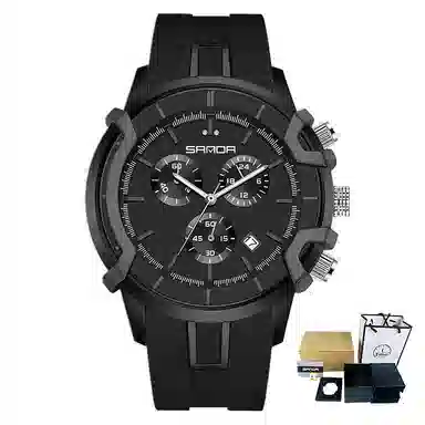 三达潮流酷炫个性百搭休闲学生 石英机芯 国表 男表 黑色表盘 夜光效果日历夜光防震防水