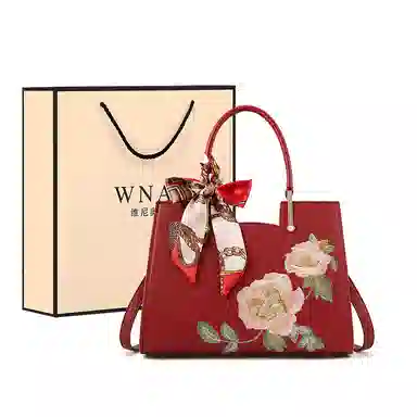 维尼奥 品牌大气国风刺绣妈妈包高颜值新中式时尚休闲气质新娘结婚包简约百搭通勤手提包 合成革 单肩斜挎女包 女款 红色/米白色