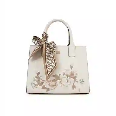 红蜻蜓 新中式刺绣优雅时尚通勤 牛皮 手提包 女款 米白色