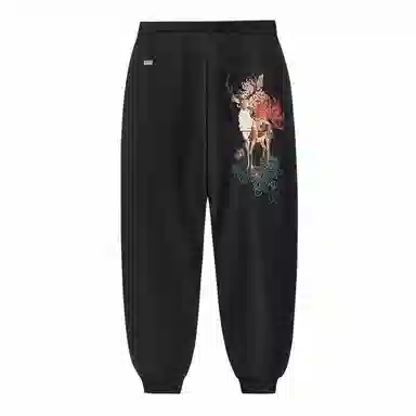 鬼洗 棒系列 泥棒蓝雕花鹿绣花加绒针织运动裤 男款 黑色