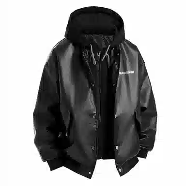 大卫贝肯 美式复古字母印花宽松休闲百搭假两件连帽皮衣 男女同款 黑色