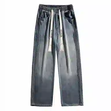 大卫贝肯 美式复古简约字母印花松紧抽绳腰日常休闲宽松直筒牛仔裤 男女同款