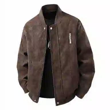 大卫贝肯 美式复古时尚潮流字母印花宽松休闲百搭美拉德机车棒球领皮衣 男女同款 黑色