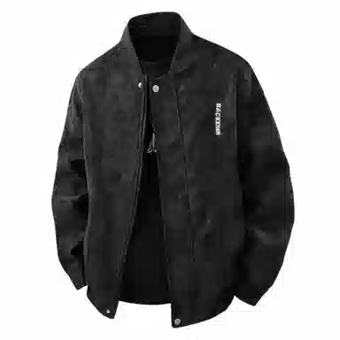 大卫贝肯 美式复古时尚潮流字母印花宽松休闲百搭美拉德机车棒球领皮衣 男女同款 黑色