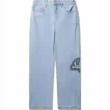 中国李宁 字母中腰透气百搭宽松直筒牛仔裤 男款 浅蓝色牛仔