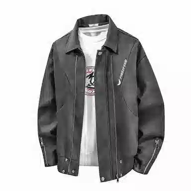 快鱼 美式高街潮流品牌时尚百搭简约舒适袖口可调节耐磨防风经典机车翻领宽松舒适复古长袖皮衣 男女同款