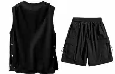 大卫贝肯 美式嘻哈街头侧边排扣设计字母印花背心松紧系带腰头户外速干工装短裤宽松舒适百搭潮流休闲运动套装 男女同款