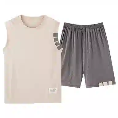 莫代尔 轻盈透气耐磨耐穿圆领休闲简约时尚舒适柔软细腻无袖五分裤睡衣套装 男款 卡其色