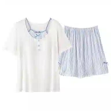 莫代尔 简洁休闲轻盈舒适圆领可外穿轻柔亲肤透气细腻带胸垫防凸点短袖三分裤睡衣套装 女款 蓝色