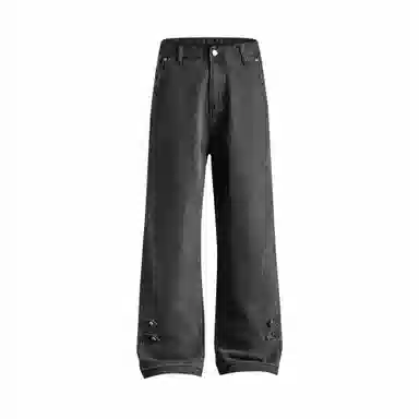 赞仕 美式高街潮牌直筒休闲下摆纽扣小众设计感牛仔裤 男女同款