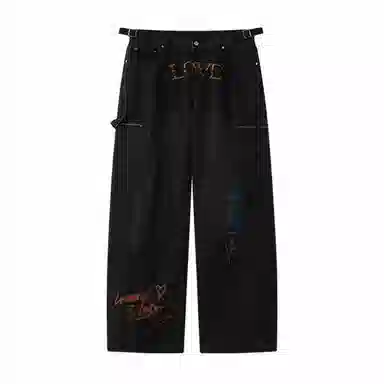 LOVE ME LATER Graffiti Embroidered Jeans Black