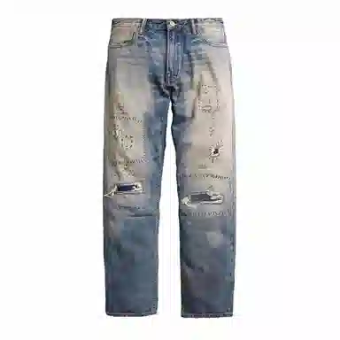 实年服工 手工缝线款重磅做旧水洗破洞补丁赤耳牛仔裤 男款 复古深蓝