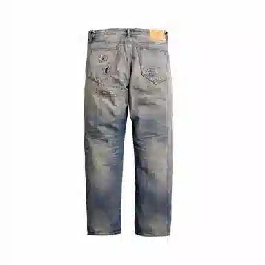 实年服工 手工缝线款重磅做旧水洗破洞补丁赤耳牛仔裤 男款 复古深蓝