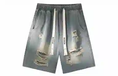 大卫贝肯 美式高街破洞水洗字母松紧腰抽绳宽松直筒休闲五分牛仔短裤 男女同款