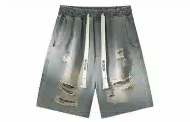 大卫贝肯 美式高街破洞水洗字母松紧腰抽绳宽松直筒休闲五分牛仔短裤 男女同款