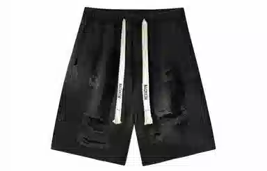 大卫贝肯 美式高街破洞水洗字母松紧腰抽绳宽松直筒休闲五分牛仔短裤 男女同款