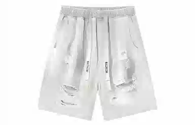 大卫贝肯 美式高街破洞水洗字母松紧腰抽绳宽松直筒休闲五分牛仔短裤 男女同款