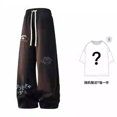蜡笔小新 趣味卡通人物印花抽绳宽松直筒休闲裤 男女同款