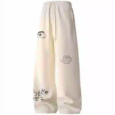 蜡笔小新 趣味卡通人物印花抽绳宽松直筒休闲裤 男女同款