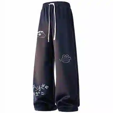 蜡笔小新 趣味卡通人物印花抽绳宽松直筒休闲裤 男女同款