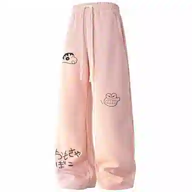 蜡笔小新 趣味卡通人物印花抽绳宽松直筒休闲裤 男女同款