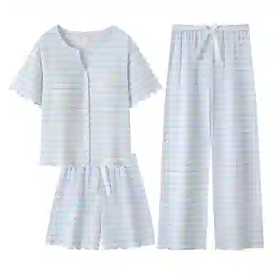 夏芬妍 舒适百搭条纹带胸垫开衫家居服亲肤休闲短袖时尚可外穿睡衣套装 女款 蓝色
