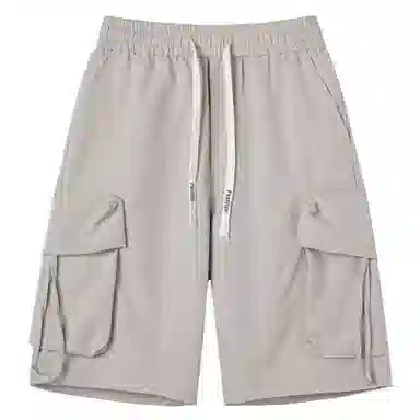 快鱼 纯色简约基础抽绳系带百搭宽松中腰多口袋工装裤薄款运动外穿五分休闲短裤 男女同款