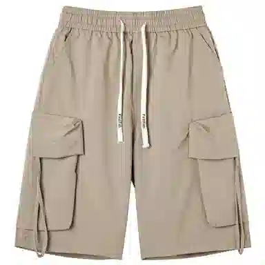 快鱼 纯色简约基础抽绳系带百搭宽松中腰多口袋工装裤薄款运动外穿五分休闲短裤 男女同款