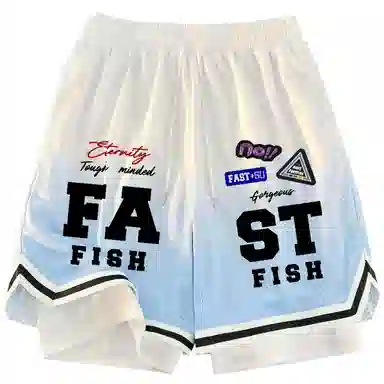 快鱼 美式复古高街潮牌机车风趣味标签名字体手绘印花时尚高级宽松舒适运动户外中腰松紧系带五分休闲短裤 男女同款