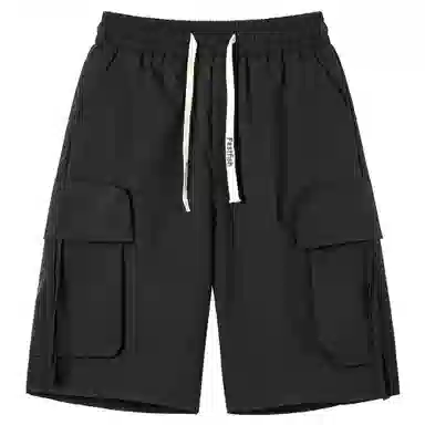 快鱼 纯色简约基础抽绳系带百搭宽松中腰多口袋工装裤薄款运动外穿五分休闲短裤 男女同款