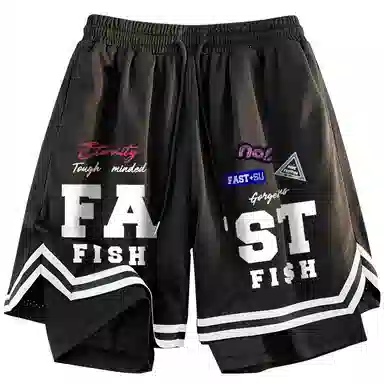 快鱼 美式复古高街潮牌机车风趣味标签名字体手绘印花时尚高级宽松舒适运动户外中腰松紧系带五分休闲短裤 男女同款
