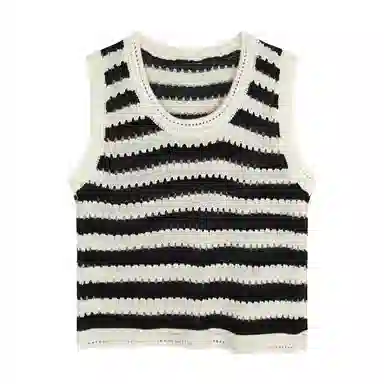 柏黛妃 拼色条纹镂空套头圆领背心 女款 黑色