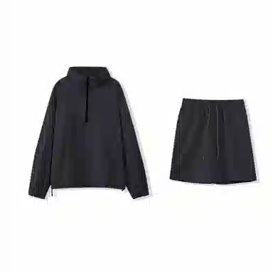 我是大卫 纯色简约半拉链设计连帽套头长袖上衣抽绳直筒短裤休闲运动套装 男女同款