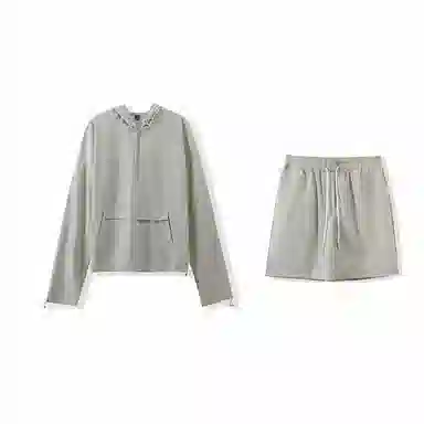 我是大卫 纯色简约半拉链设计连帽套头长袖上衣抽绳直筒短裤休闲运动套装 男女同款