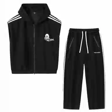 三体 连帽无袖字母印花卫衣时尚百搭直筒裤美式复古高街潮牌无性别穿搭新款舒适男士透气休闲运动套装 男女同款