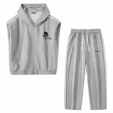 三体 连帽无袖字母印花卫衣时尚百搭直筒裤美式复古高街潮牌无性别穿搭新款舒适男士透气休闲运动套装 男女同款