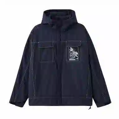 鬼洗 恐龙化石走线长袖连帽宽松棉服 男款