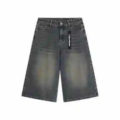 大卫贝肯 美式复古高街基础款纯色做旧宽松通勤高级感百搭潮流简约直筒七分牛仔短裤 男女同款