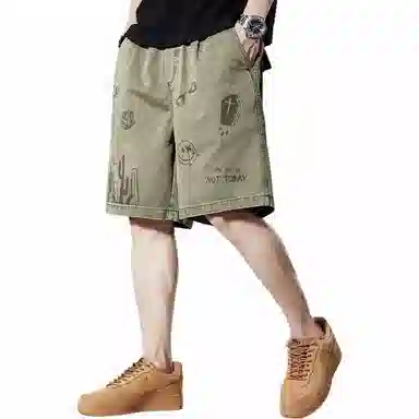 贵色 时尚都市系列日系复古涂鸦户外休闲大码重磅水洗薄款透气五分牛仔短裤 男女同款